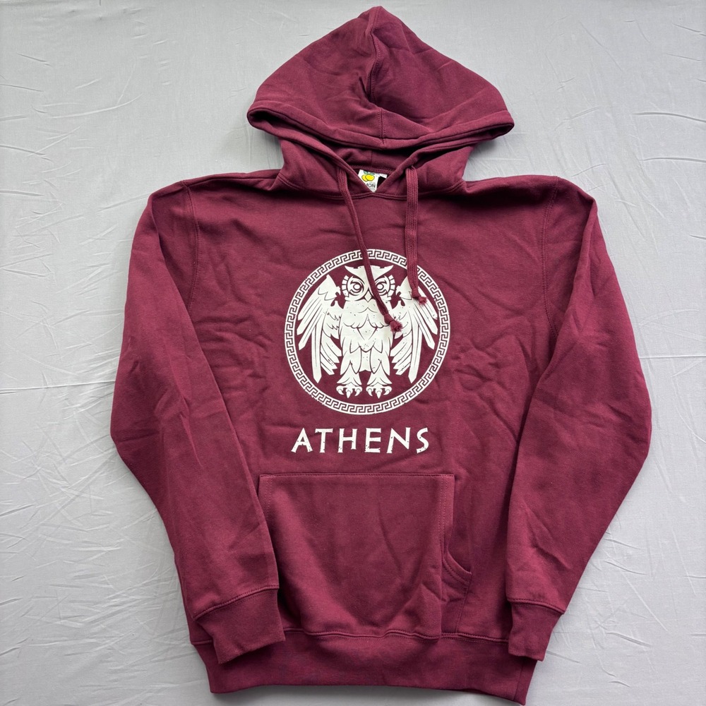 Lemon Collection Athens Greece Owl Graphic Hoodie Maroon Burgundy Mens‎ Large